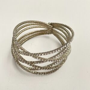 Vintage 90s Silver Tone Glass Rhinestone Multi Row Crossover Bangle Bracelet